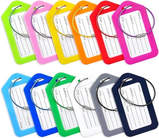 12 stuks kofferlabels met adresplaatje, bagagelabels met draadkabel