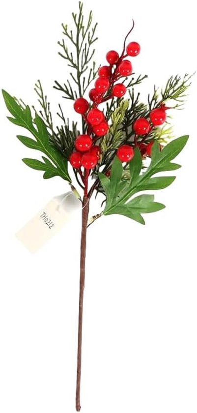 12 stuks kunstdennennaalden, takken, kerstbomen, nep-groenplectrums met rode bessenstengels, kunstgroen, Norfolk dennenstengels, takjes voor doe-het-zelf handwerk, woondecoratie, H