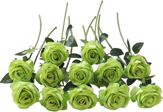 12 stuks kunstmatige zwarte rozen zijden bloemen, enkele lange steel nep roos bruids bruiloft boeket realistische bloem voor thuis verjaardagsfeestje arrangement tuin taart decoratie (groen)