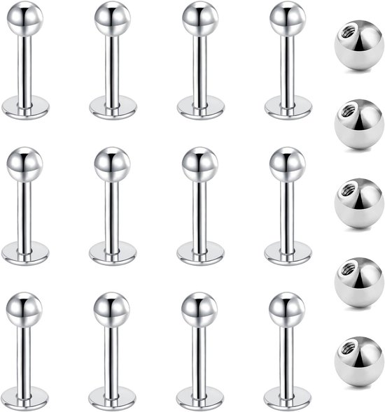 12 stuks, lip, labret, helix, tragus, stud, rvs, 6-12 mm, zilver, goud, zwart, sieraden
