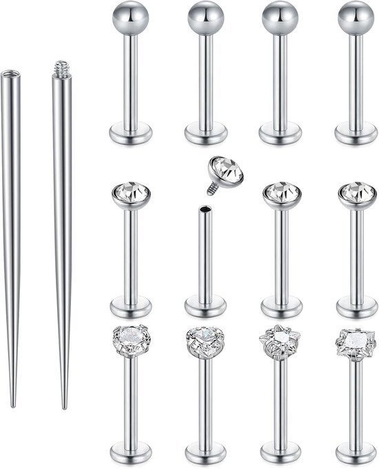 12 stuks lippenstekers & labretstangen met piercing-taper, roestvrij staal en zirkoon 16G 6/8/10 mm zilver/goud/zwart voor helix tragus labret oorsteker lip neus piercing sieraden