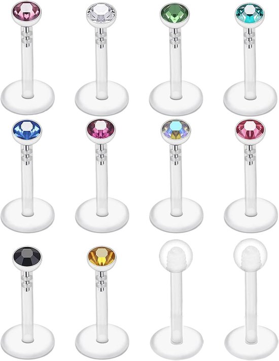 12 stuks lippiercings, kunststof, 16 g, 6/8/10 mm, helder, labret van acryl, met gekleurde zirkonia, zwart, piercing, tragus, Medusa labret, lip, sieraden voor piercing
