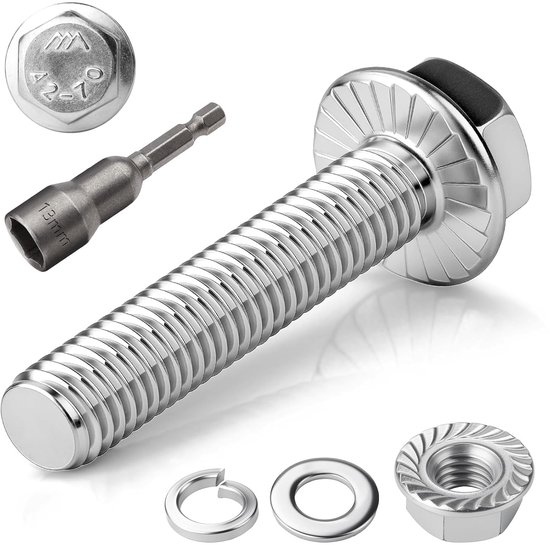 12 stuks M10 x 20 mm zeskantschroeven m10 schroeven set roestvrij staal A2 70 volledige schroefdraad buitenzeskant flensmoeren, veerringen, sluitringen, magneten, zeskantige dopsleutel