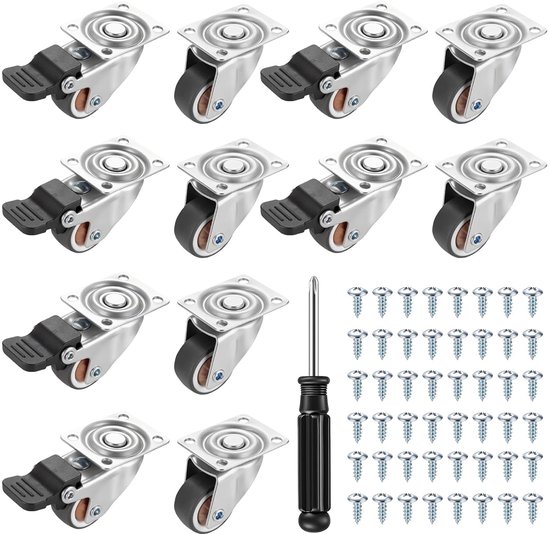 12 stuks meubelwielen, 32 mm, zwenkwielen met rem, kleine 360° draaibaar, rubberen wielen voor meubels, zware wielen met 48 schroeven en schroevendraaiers, 6 met rem, 6 zonder rem