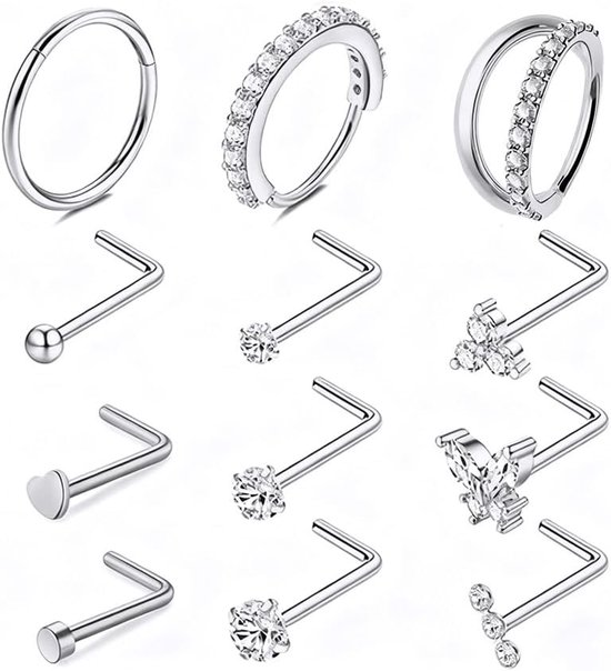 12 Stuks Neuspiercing Set Neus Ring Neus Stud Septum Ringe Met Hart Bol Bloemen en Kristal Look Piercing Sieraden Neusring Dames Unisex Set Voor Dagelijks Gebruik en Party