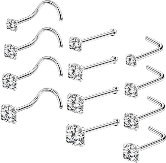 12 stuks neuspiercing voor uniseks, neuspiercing, neusringen, chirurgische ringen, dames, neus, stud ring, neuspiercing, diamant, neuspiercing, zilver, vorm L, neusring, piercing sieraden