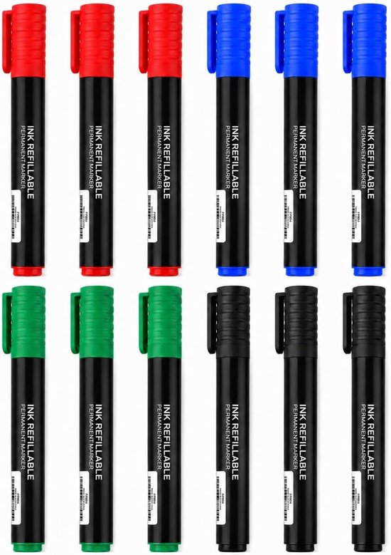 12 stuks permanente markers, waterbestendige, sneldrogende meerkleurige oliemarkers, ideaal voor het beschrijven van verschillende materialen, voor logistiek, kantoor en school.