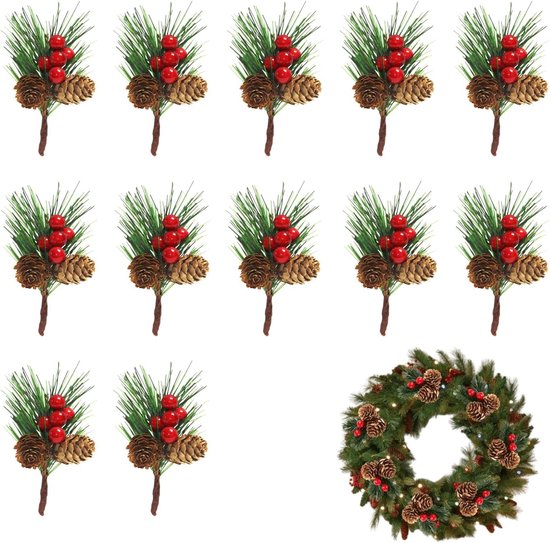 12 stuks plastic kersthulsttwijgen dennenprikkels met rode bessen dennen naalden kegels voor doe-het-zelf kerstkrans decoraties ambachten kerstboom ornament