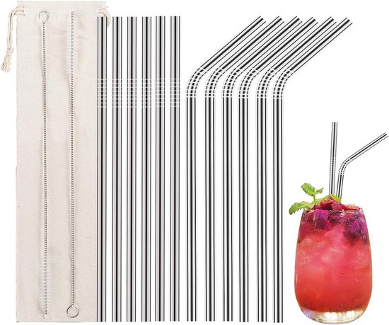 12 stuks roestvrijstalen rietjes, herbruikbare metalen rietjes met 2 reinigingsborstels voor smoothie, milkshake, cocktail en warme dranken