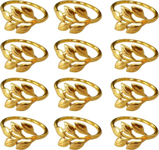 12 stuks servetringen goud, elegante bladvorm servetringen voor tafeldecoratie, metalen napkin ringen voor bruiloft, Kerstmis, jubileum en diner