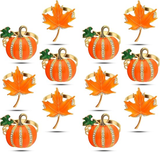 12 Stuks Servetringen Goud Pompoen Blad Herfst Tafeldecoratie