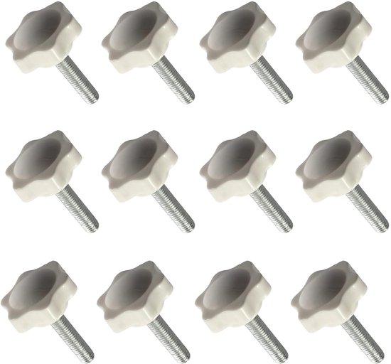 12 stuks stervormige klemknoppen M8 x 20 - spanschroeven buitendraad - 32 mm - witte kunststof kopgreep