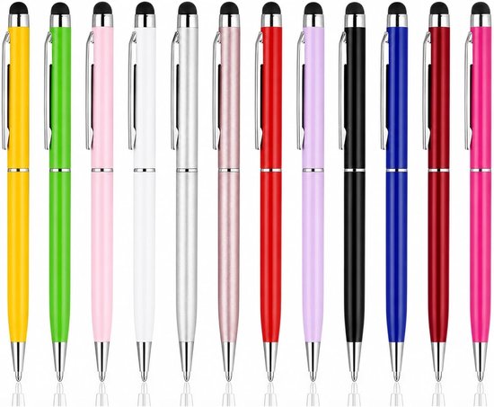 12 stuks touchscreen-pen met balpen, metalen balpen, 2-in-1 stylus pen voor tablet en smartphone, capacitieve touchpen voor alle touchscreens, 12 kleuren, zwarte inkt