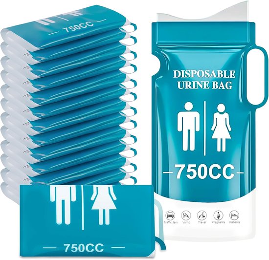 12 Stuks Wegwerp Urinezakken 750 ml met Handgreep, Draagbare Noodtoiletten voor Mannen, Vrouwen en Kinderen, Hygiënische Plaszakken voor Onderweg, Camping, Reizen en Auto