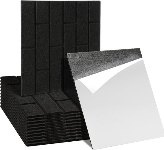 12 stuks zelfklevende akoestische platen 30x30x0,9cm akoestische panelen zwart gevoelde baksteentype wandpaneel voor studio, kantoor, akoestische behandeling en wanddecoratie