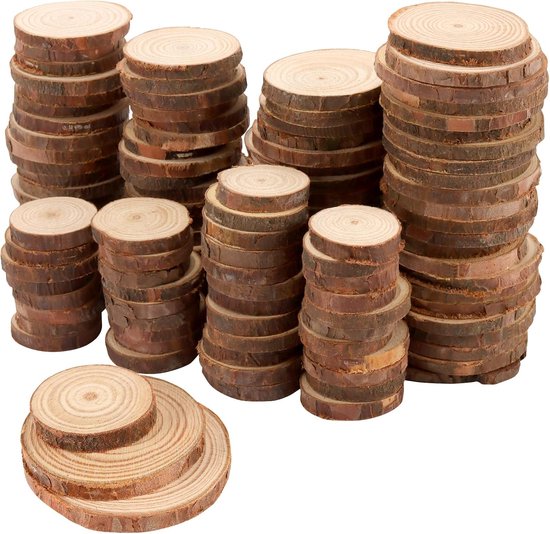 120 stuks houten schijven, kleine set, 3-4/4-5/5-6 cm diameter, ronde boomschijven om te knutselen, houten log, schijven, 5 mm dik, onafgewerkte houten cirkel voor doe-het-zelf knutselen