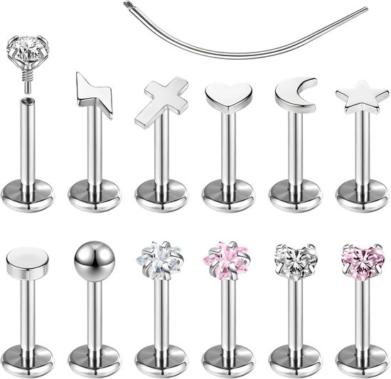 12Pcs 16G/18G Rvs Lip Piercing Sieraden Interne Draad Labret Studs Tragus Helix Conch Kraakbeen Oorbellen Stud Earring Voor Vrouwen Mannen