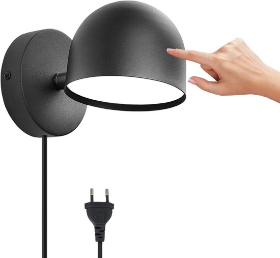 12W LED-wandlamp voor binnen met stekker, dimbare touch-wandlamp, 360° draaibare nachtlamp, 3000K warmwitte verstelbare leeslamp, geschikt voor woonkamer, slaapkamer, trappenhuis, gang, kantoor, zwart. van Merkloos