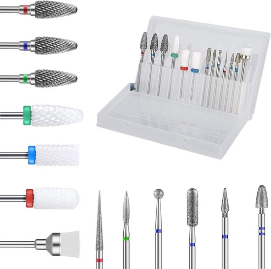 13 stuks nagelfreesopzetstukken, 3/32 inch, 3 x wolfraamcarbide punten, 3 x keramische boor, 6 x diamantboor, 1 x borstel, voor het verwijderen van gel