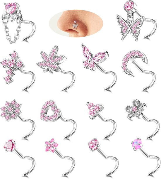 14 stuks 20 g neuspiercings voor dames, hanger, 14 K goud, zilver, roestvrij staal, neusstekers, L-S, kurkentrekker, piercing, hart, maan, neus, stud, nostril, piercing voor dames