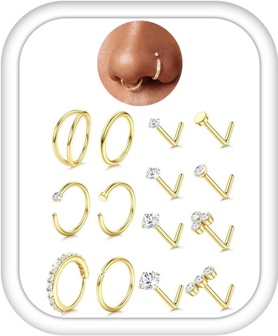 14 stuks neuspiercing, chirurgisch staal, neppiercings, hypoallergeen, 20 g, 18 g, helix, tragus, conch, septum, piercings, goud, zilver, neuspiercing, ringen