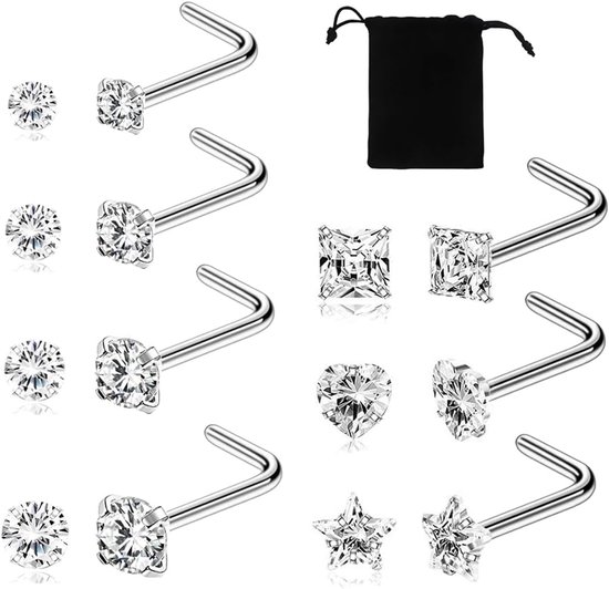 14 stuks transparante kristallen neuspiercings stekers hoogwaardig zilver 925 1 fluwelen zakje glanzende microkristallen L-vorm zacht op de huid nostril piercingset
