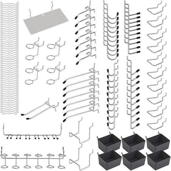 140 Stuks Metalen Pegboard Haken Organizer Assortiment Kit, 15 Stijlen met 60 Peg Sloten Haken Bakken Gereedschapsrek, Geschikt voor 1/8 1/4 Inch Pegboards voor Garage Werkplaats (140Pcs)