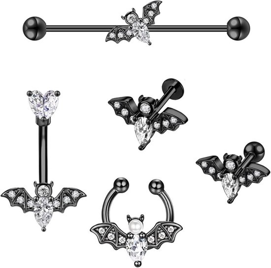 14G 16G vleermuispiercing set Halloween lichaamssieraad hoefijzer neusring hoefijzer neusring hoepels labret lippiercing tragus oorbel navelring industriële barbell, Roestvrij staal Zirkonia