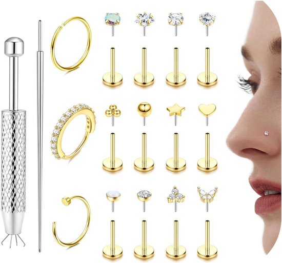 15 stuks 18G/20G tragus, helix, labret, piercing, binnendraad, neuspiercing, steker, lippiercing
