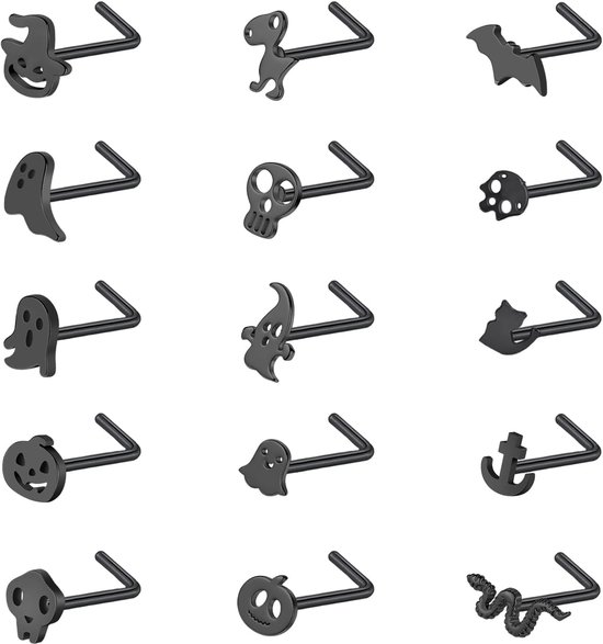 15 stuks Halloween kurkentrekker neusringen studs, 20G roestvrij staal zwarte kurkentrekker neusstud, L-vormige neusringen spook schedel vleermuis neuspiercing sieraden voor vrouwen mannen