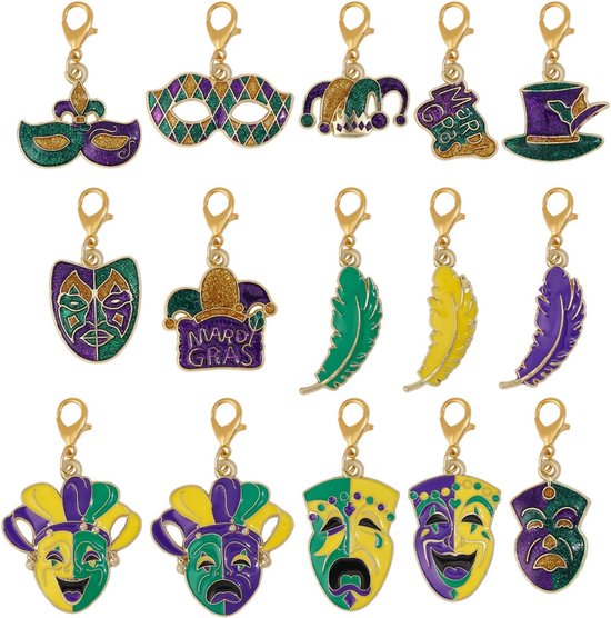 15 stuks masker Fleur De Lis Narrenhoed Hanger Charms Mardi Gras Charms voor het maken van sieraden voor het maken van carnavalsarmbanden, oorbellen en doe-het-zelf knutselwerk