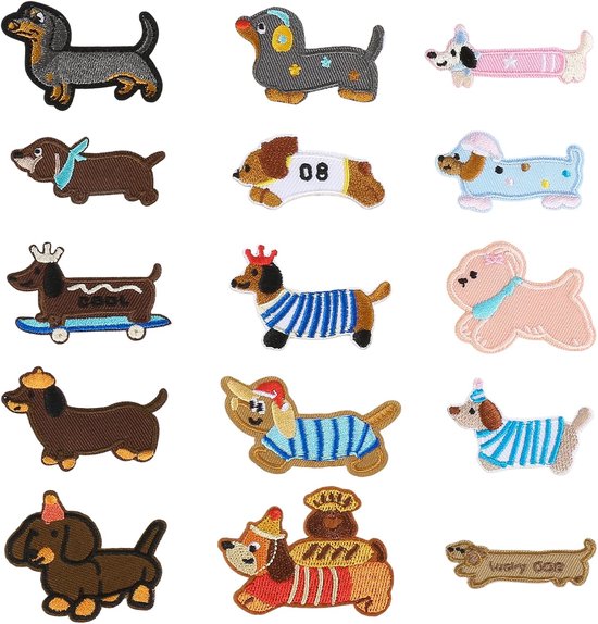 15 stuks opstrijkbare patches teckel, patch om op te strijken, opplakken | of naaien, schattige geborduurde strijkpatches voor textiel, teckelstickers voor jeans, kleding, hoed, rugzak, canvas