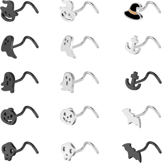 15 stuks roestvrij staal zwarte kurkentrekker neus stud, 20G Halloween kurkentrekker neusringen studs L-vormige neusringen spook schedel vleermuis neuspiercing sieraden voor vrouwen mannen