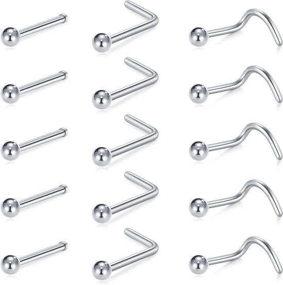 15 stuks roestvrij stalen neusschroef neuspiercing, L-vorm, 18G/20 gauge, zilver met kogeluiteinde, platte rug, neusgat, piercing, sieraden