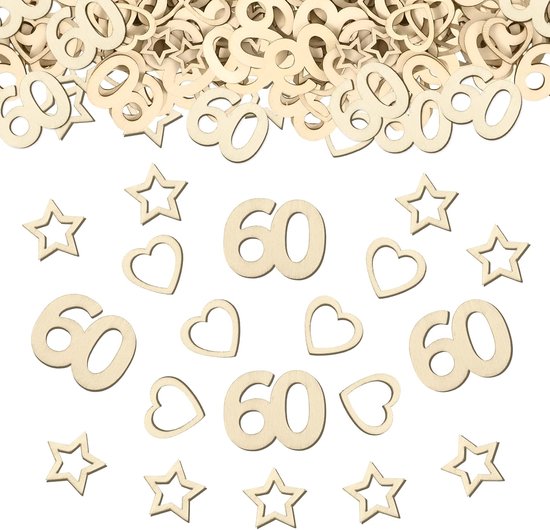 150 stuks strooidecoratie hout tafeldecoratie 60e verjaardag vrouw, houten confetti tafeldecoratie 60 man, houten hart ster strooidecoratie 60, tafeldecoratie verjaardag, confetti