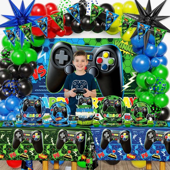 150 stuks videogame verjaardagsdecoraties, videospel feestdecoraties, alles in één set 185 stuks banner ballonnen achtergrond tafelkleed platen servetten taarttoppers cupcake toppers