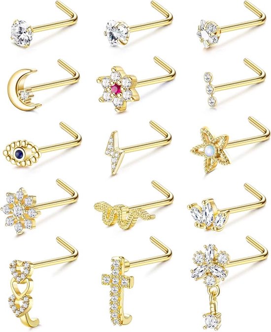 15Pcs 20G Chirurgisch Staal Neus Piercing - Ring Voor Vrouwen en Mannen - Zilver Goud Slang Vormige Bloem Nagels Sieraden