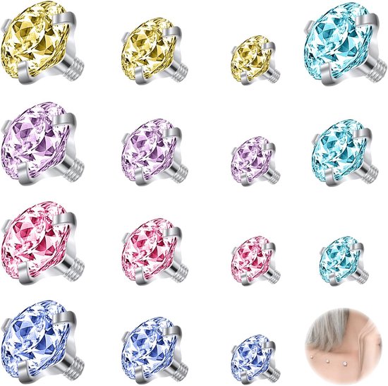 15Pcs Rvs 16G Dermal Piercing Sieraden 2.5/3/4Mm Diamant CZ Dermal Anker Tops Huid Microdermal Piercing Sieraden Voor Mannen Vrouwen