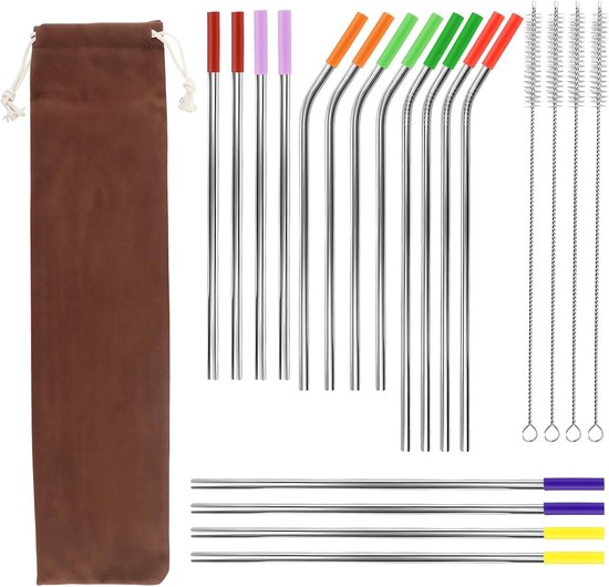 16 stuks herbruikbare roestvrijstalen rietjes met zachte siliconen tips, 4 reinigingsborstels, draagbaar zakje, milieuvriendelijke metalen rietjesset, extra lang voor 20 oz 30 oz tumblers reismokken