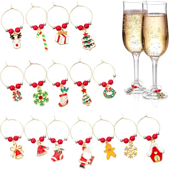 16 stuks Kerstmis wijnglas charmes ringen, herbruikbare kerst wijnglas hanger, kerst wijnglas marker, kerst emaille charmes, voor kerstfeesten, statafeldecoratie, wijnproeverijen