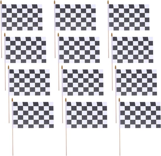 16 Stuks Kleine Geblokte Vlaggetjes: Racevlaggen Met Stokje - 21 X 14 Cm - Mini-racebaan Decoratie - Raceauto Feestartikelen Voor Verjaardagsfeestdecoraties
