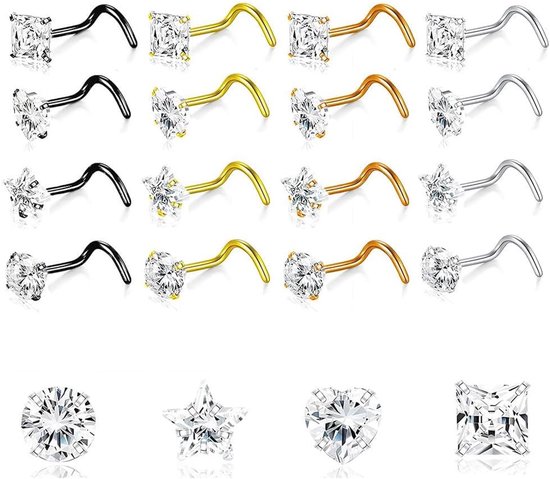 16 Stuks Neuspiercing Set Nose Stud Gebogen Staafje Neusknopje Neusring Alternatief Zirkonia Neussieraad Piercing Sieraden Voor Dames Dagelijks Dragen Feest Styling