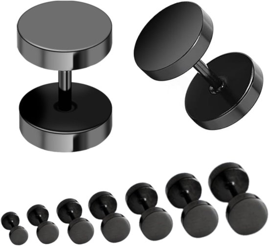 16 stuks oorstekers zwart, oorbellen voor dames en heren, 3-10 mm spiegel, nepplugs, roestvrij staal, hypoallergeen, nep-tunnel, oorbellen met schroefsluiting, voor dagelijks gebruik en