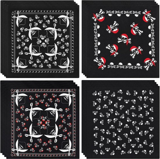 16 stuks piraten-bandana, doodshoofd, hoofddoek, halsdoek, zwart, heren en