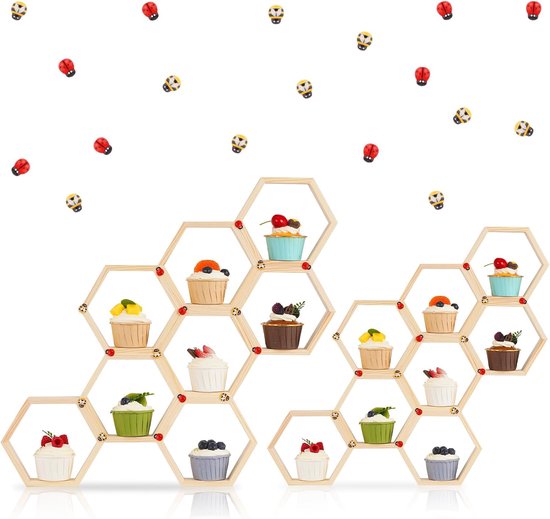 16 stuks zeshoekige honingraat cupcake standaard set - stevig dennenhout met 30 schattige bijen en 10 lieveheersbeestjes decoraties, doe-het-zelf stapelbaar bakken desserttoren voor bijenthemafeest