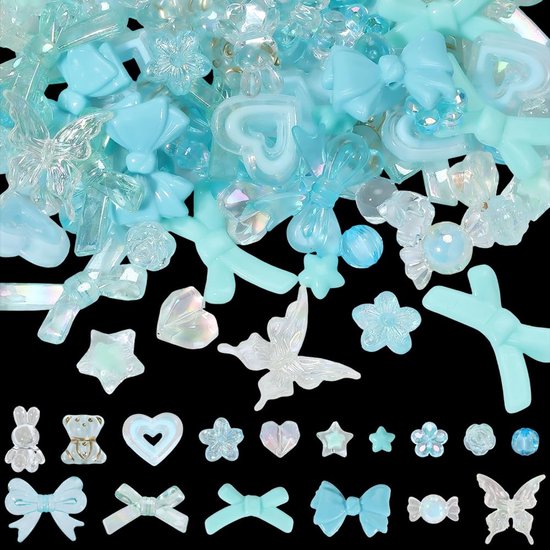 160 stuks, 16 verschillende esthetische acrylkralenset, Kawaii stijl, blauw wit, hars, ronde kralen, bloemen, sterren, hazen, strikken, vlinders, losse kralen voor het maken van sieraden