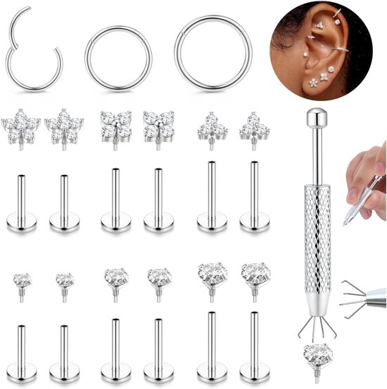 16/18G Tragus Piercing Sieraden Helix Hoop Flat Back Oorbellen Set