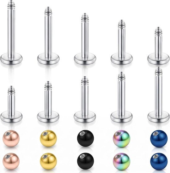 16G (1,2 mm) Labret Piercing Set Chirurgisch Staal - 4-10mm Korte Staven Flat Back Lip Piercing Tragus, Helix, Oor & Conch Plug - Zilver