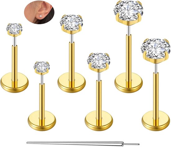 16G 18G 20G Threadless Labret Stud, 6 Stks Roestvrij Staal Flatback Stud Oorbellen Kraakbeen Tragus Oorbel voor Vrouwen Hypoallergeen Monroe Medusa Piercing Sieraden