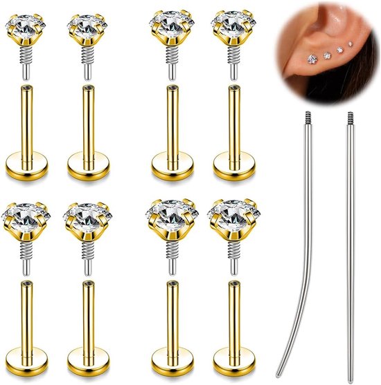 16G 18G Lip Bars Labret ringen, lange intern schroefdraad neusring stud platte achterkant oorbellen, chirurgisch staal conch helix piercing tragus Medusa sieraden